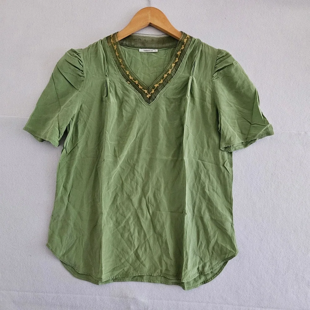 Bimba y Lola Olive Green Embroidered V-Neck Blouse Puff Sleeve XL